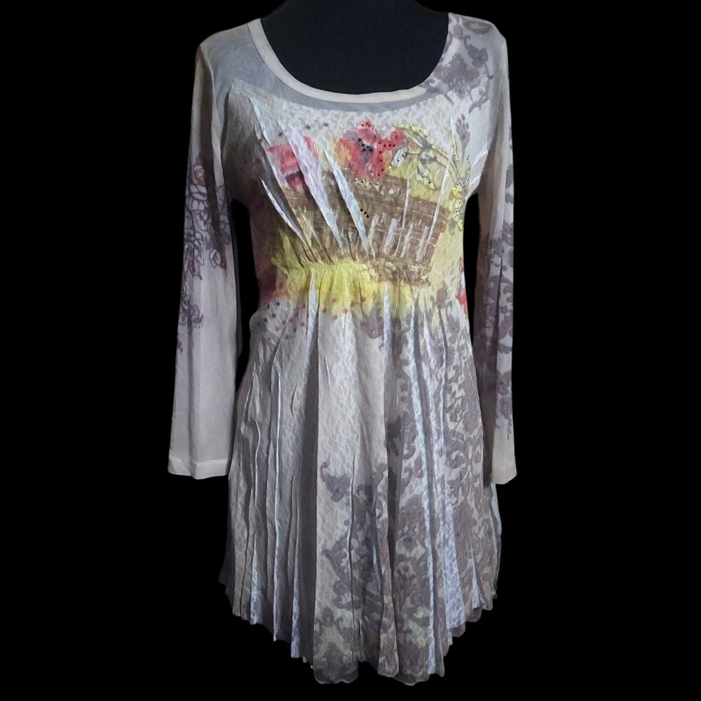 Vintage Sheer Mesh Lace Tunic Top Long Sleeve Graphic Sequin Beige Large - Picture 4 of 11